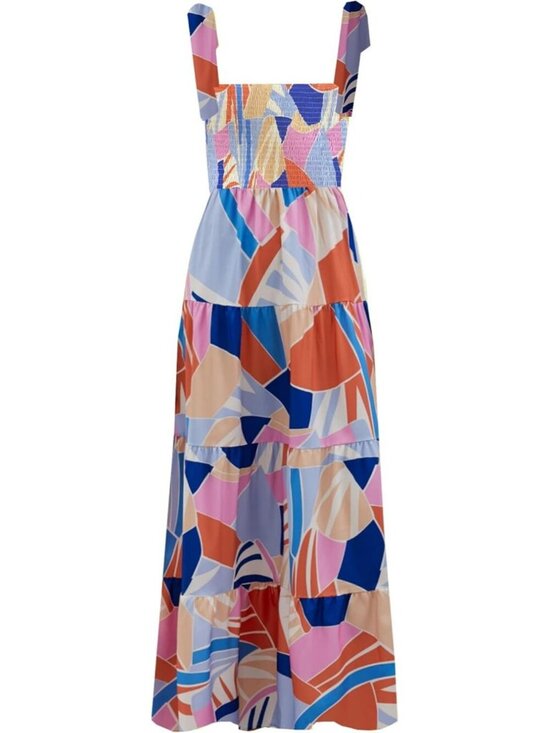 Dresses & Skirts - Women's Blue Floral 1 Sleeveless Square Neck Ruffle Flowy Imported Maxi Dress